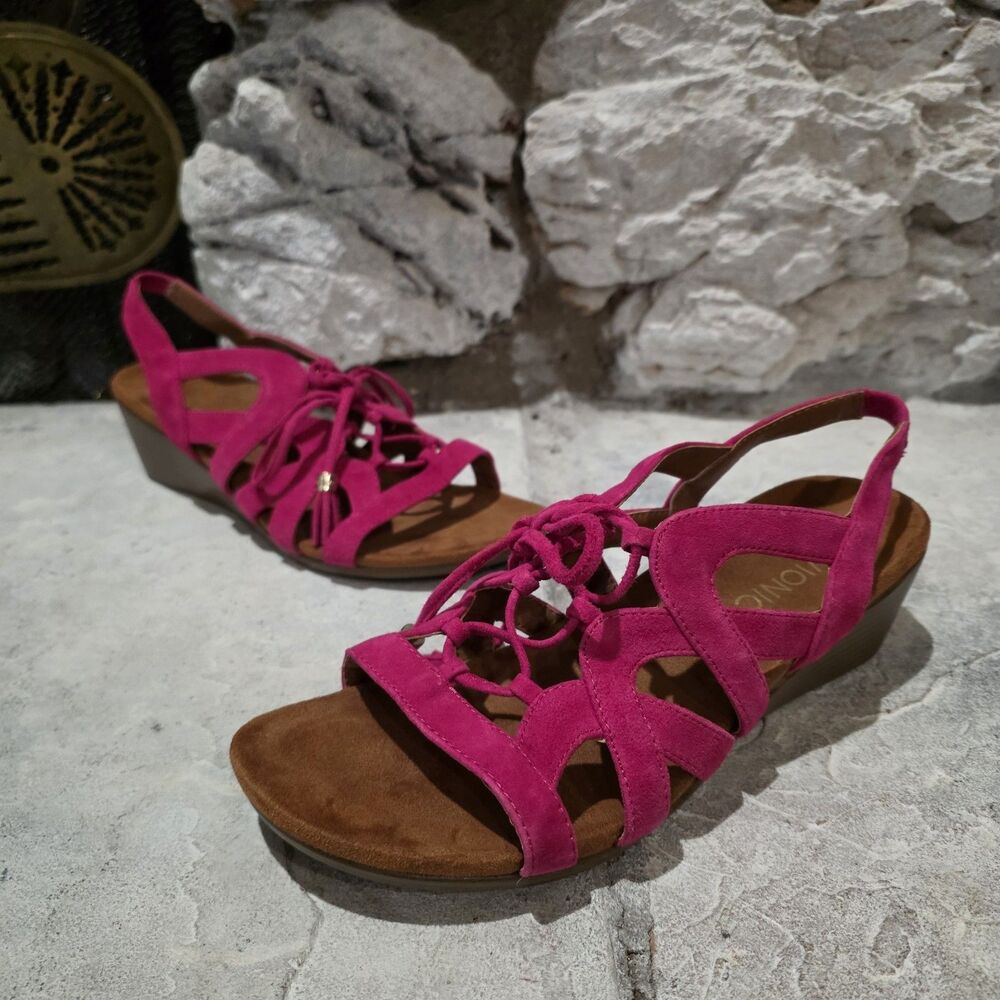 Vionic Kalie Pink Suede Lace Up Wedge Sandals Women’s Size 8 Comfort Strappy